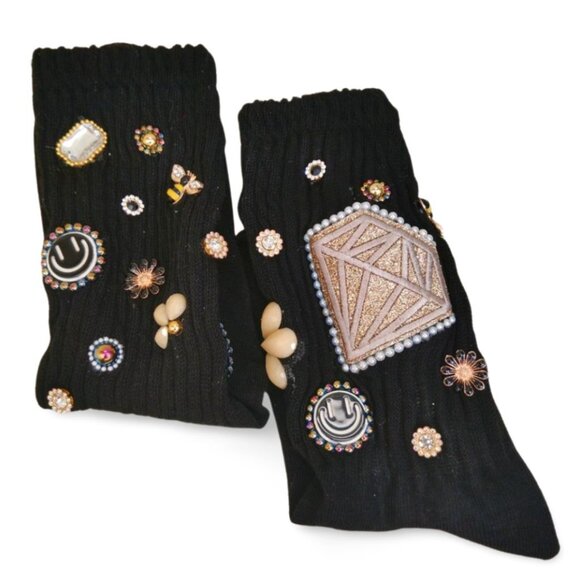 Golden Diamond Embroidered Crystal Charm Black Junk Slouch Socks  TT1516 - Picture 4 of 7